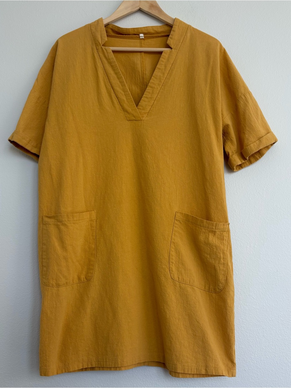 Oversized Cotton Shift Dress Mustard Yellow Women’s Medium V-Neck Boho Granola